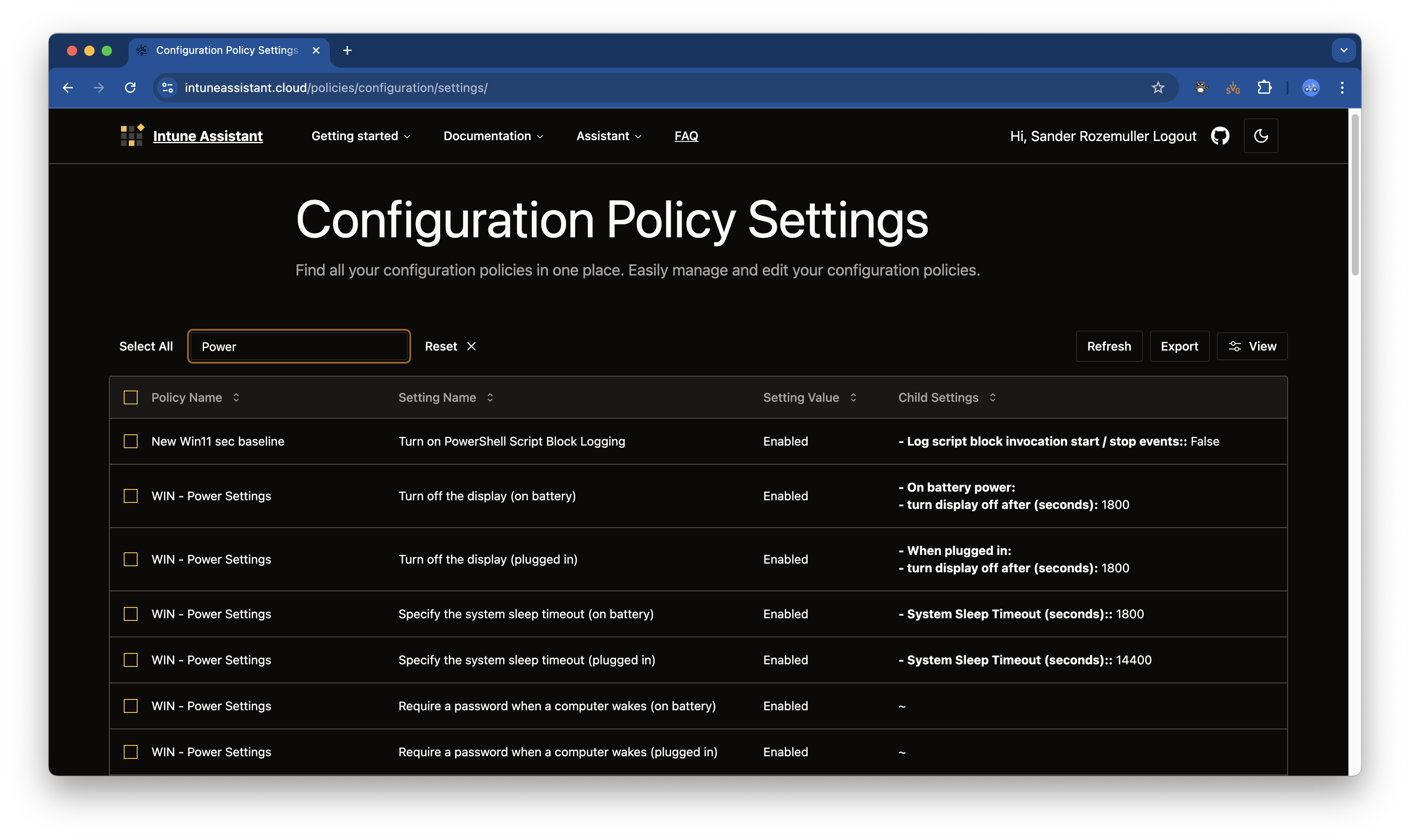 Intune Assistant Configuration Policy Settings overview